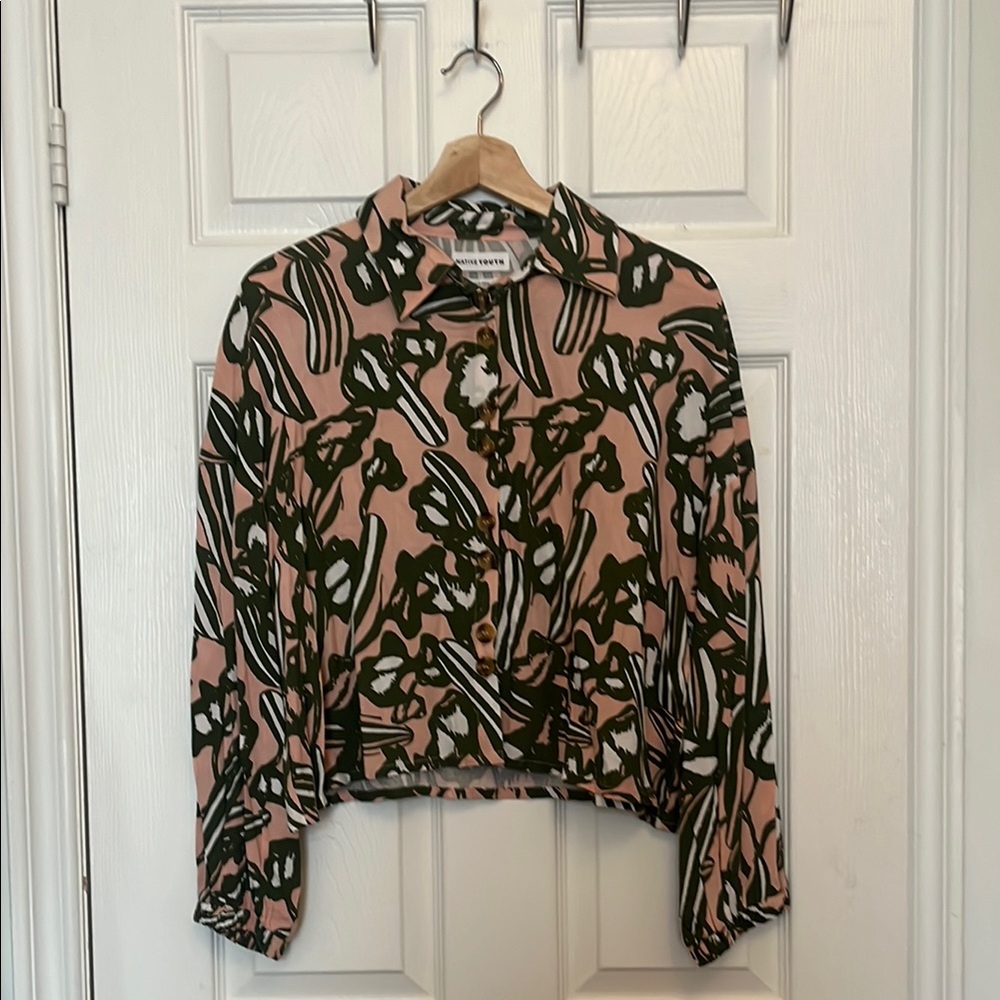 Native Youth Cream Tan Puff Sleeve Button Down Shirt - Picture 1 of 4